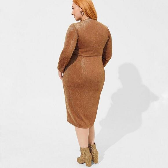 Torrid Women's Midi Glitter Knit Surplice Slit Tie Dress Gold Size 3X - Picture 9 of 10